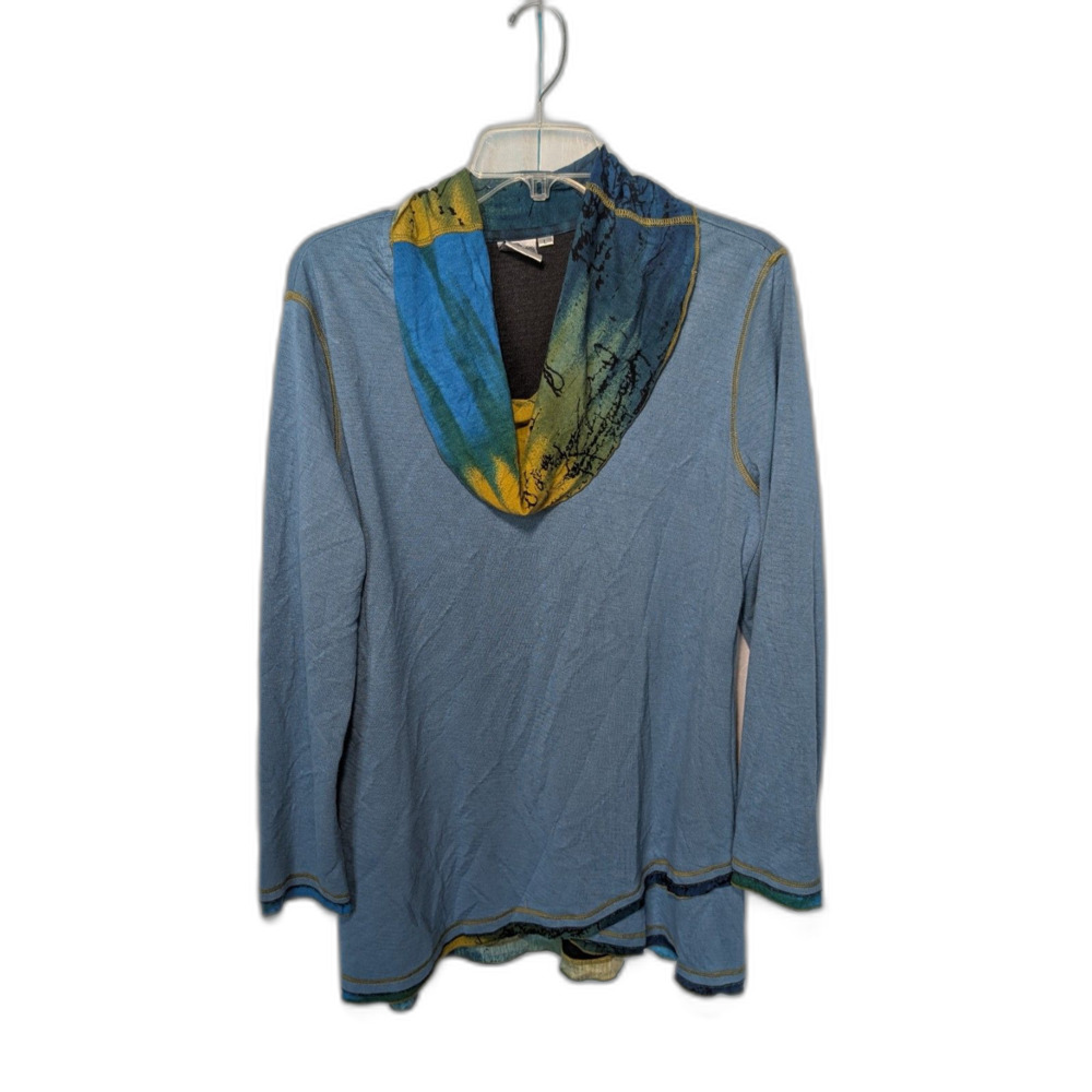 Parsley & Sage Artsy Lagenlook Cowl Tunic Top Blue Abstract Colorblock Boho L